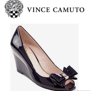 Vince Camuto Veny Patent Leather Open Toe Wedge Heel Black NWT Size 8